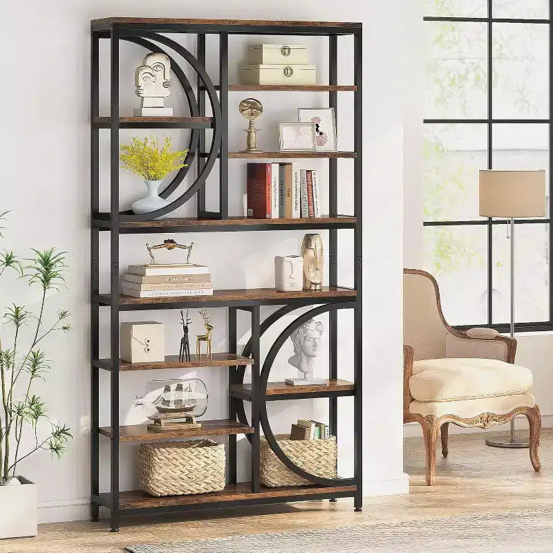Bibliothèque Lantine de 77 pouces, étagère à 8 niveaux de style industriel avec cadre en métal, grandes étagères ouvertes pour bureau à domicile, marron/noir