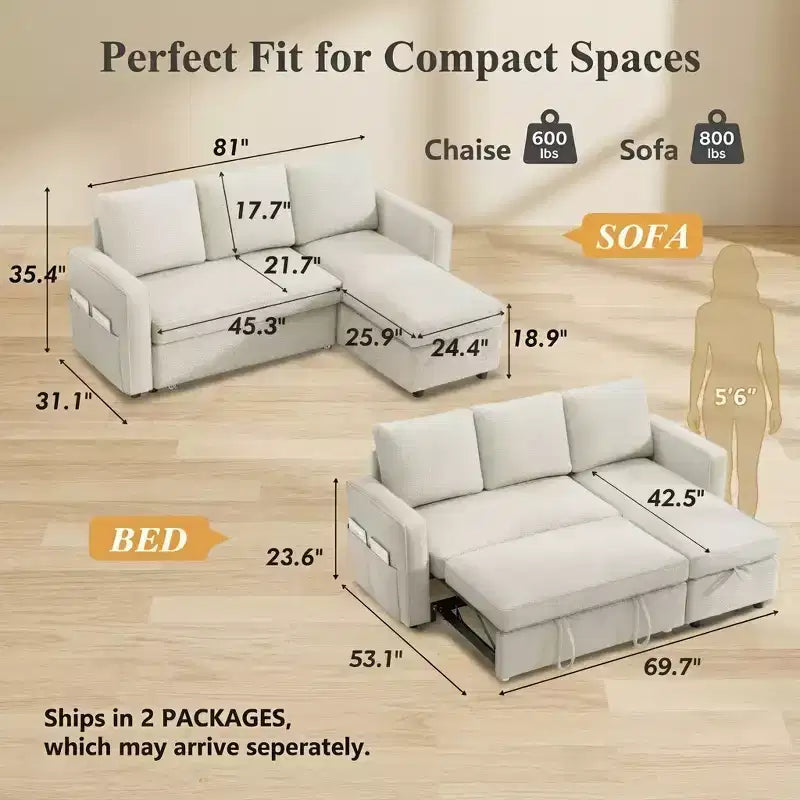 Canapé-lit Dyonery 81, canapé-lit escamotable 2 en 1, canapé d'angle en forme de L avec méridienne de rangement réversible, poches latérales