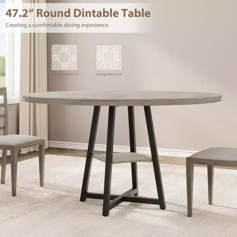 Acekool Table à Manger Ronde de 47 Pouces pour 4 à 6 Personnes, Table de Cuisine Industrielle avec Étagère de Rangement, Idéale pour les Petits Espaces (Salle à Manger/Cuisine)