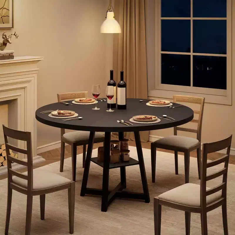 Acekool Table à Manger Ronde de 47 Pouces pour 4 à 6 Personnes, Table de Cuisine Industrielle avec Étagère de Rangement, Idéale pour les Petits Espaces (Salle à Manger/Cuisine)