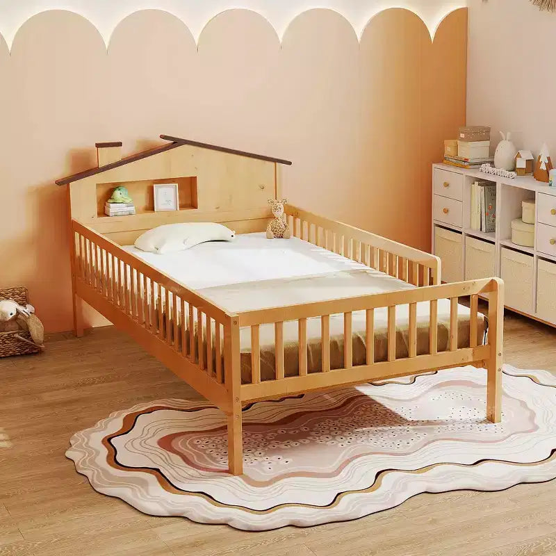 Lit simple en bois massif MAYEERTY pour enfants avec rangement, tête de lit cabane et barrières de sécurité