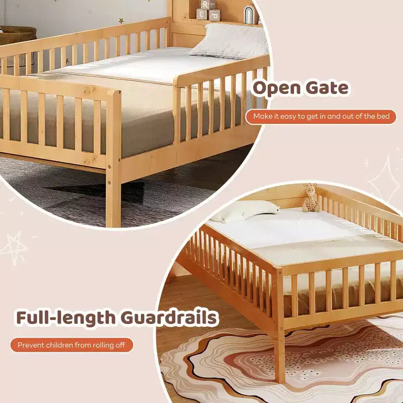 Lit simple en bois massif MAYEERTY pour enfants avec rangement, tête de lit cabane et barrières de sécurité
