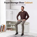 JVNOXK Meuble à chaussures multifonctionnel de 47 pouces avec étagères réglables, compartiment de rangement et banc rembourré, idéal pour l'entrée, Blanc
