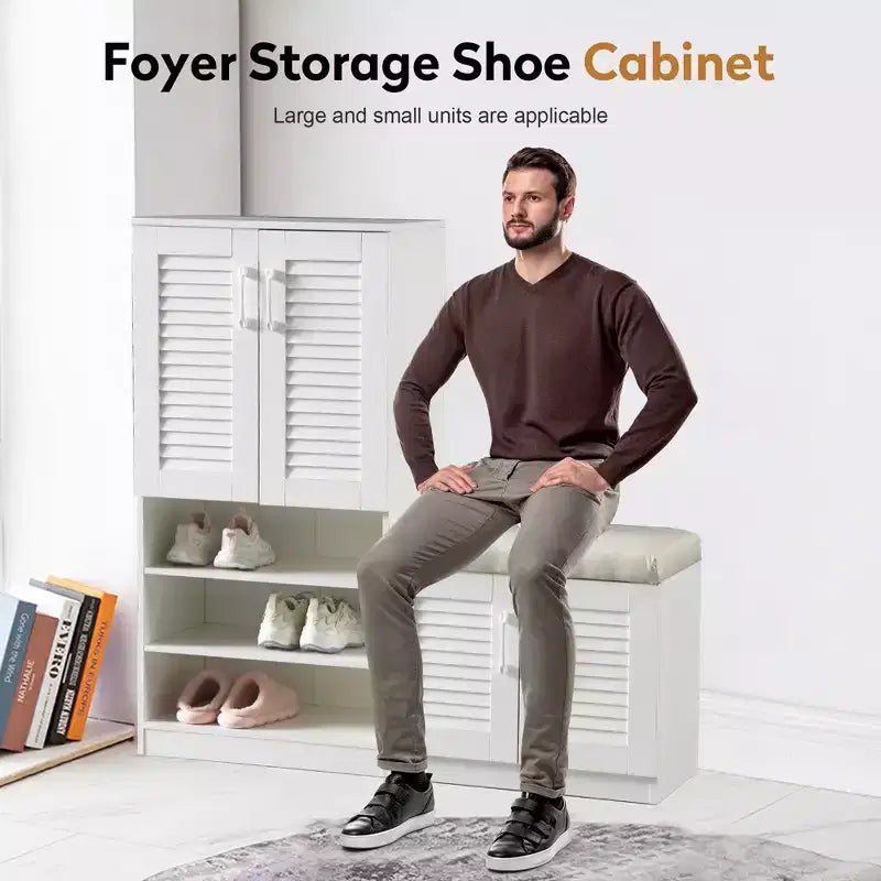 JVNOXK Meuble à chaussures multifonctionnel de 47 pouces avec étagères réglables, compartiment de rangement et banc rembourré, idéal pour l'entrée, Blanc