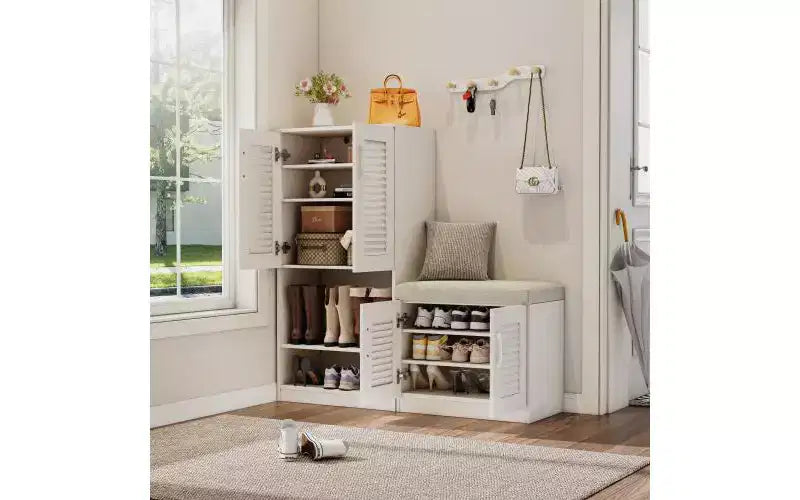 JVNOXK Meuble à chaussures multifonctionnel de 47 pouces avec étagères réglables, compartiment de rangement et banc rembourré, idéal pour l'entrée, Blanc