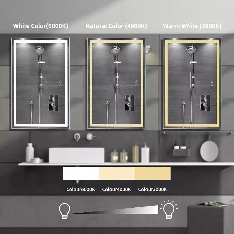 Miroir de courtoisie avec éclairage avant et arrière, grands miroirs muraux à intensité variable avec antibuée, incassable, mémoire, 3 couleurs pour chambre à coucher, salle de bain