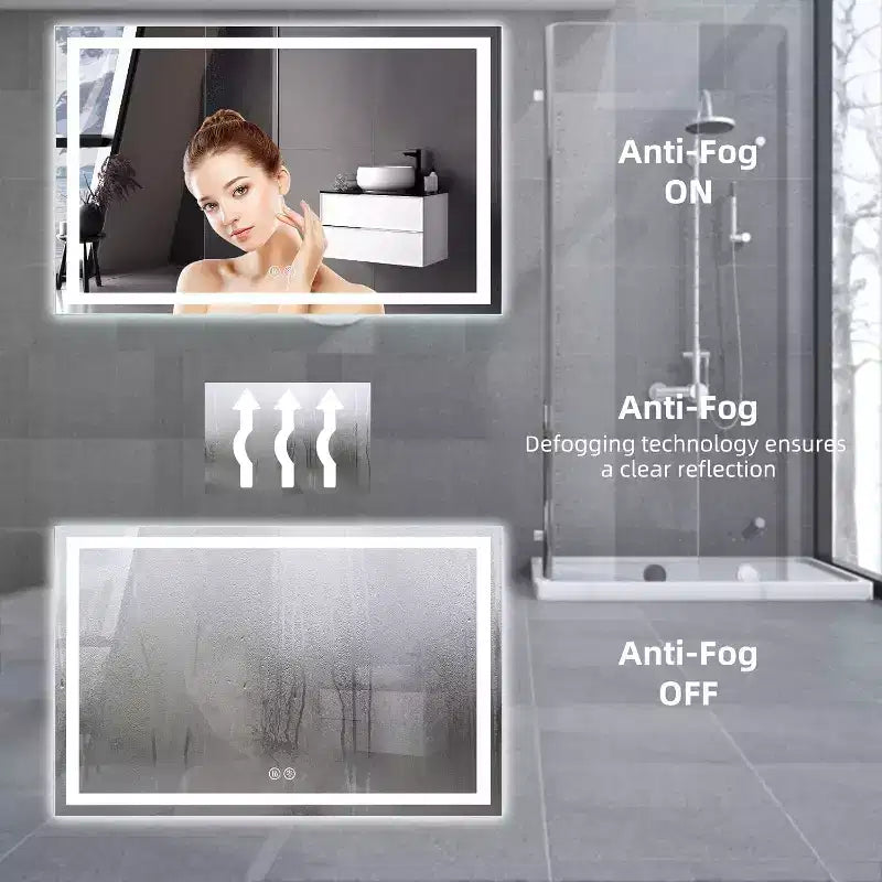 Miroir de courtoisie avec éclairage avant et arrière, grands miroirs muraux à intensité variable avec antibuée, incassable, mémoire, 3 couleurs pour chambre à coucher, salle de bain