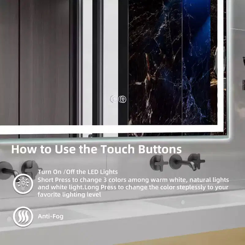Miroir de courtoisie avec éclairage avant et arrière, grands miroirs muraux à intensité variable avec antibuée, incassable, mémoire, 3 couleurs pour chambre à coucher, salle de bain