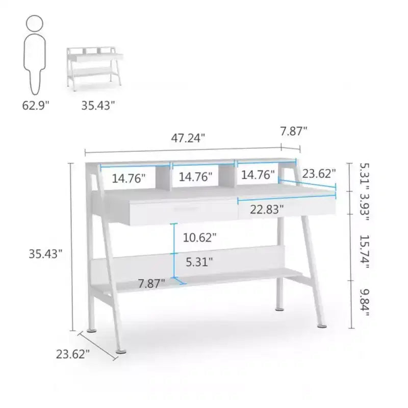 NAYSAYE Bureau table d'écriture table d'appoint avec étagère de rangement tiroirs et rehausseur de moniteur pour bureau à domicile, blanc, 47.28*23.64*35.46