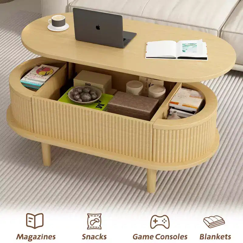 NAYSAYE Table basse relevable Table d'appoint Table centrale cannelée en bois avec rangement caché pour salon ou bureau, marron, 40*18.89*15.75