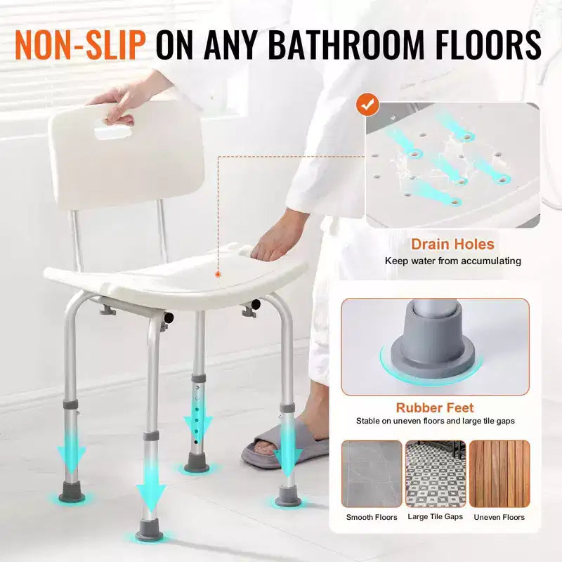 Chaise de douche avec dossier, siège de douche réglable en hauteur pour l'intérieur de la douche et la baignoire, chaise de bain antidérapante, capacité de 158 kg