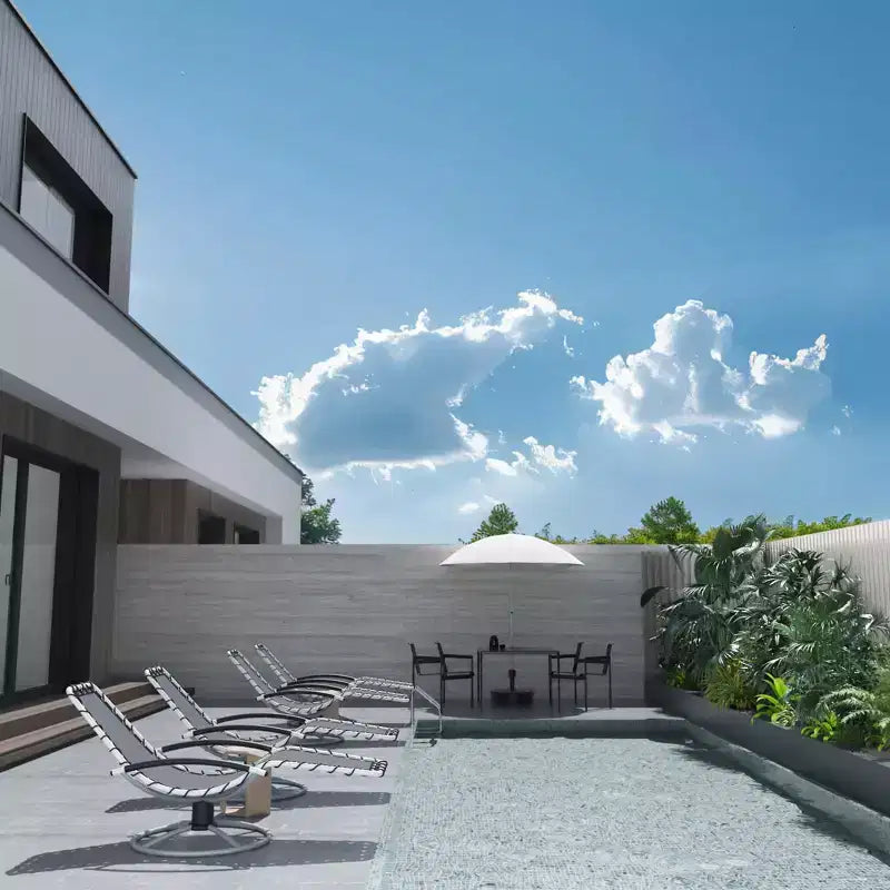 Fauteuil de jardin pivotant à 360° en fer robuste, inclinable d'extérieur, en textilène résistant aux intempéries et à séchage rapide, de forme ergonomique en S.