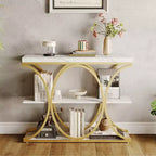 Console étroite de ferme à 3 niveaux Meuble d'entrée rectangulaire avec étagères de rangement, pieds géométriques en métal Table de canapé d'appoint polyvalente