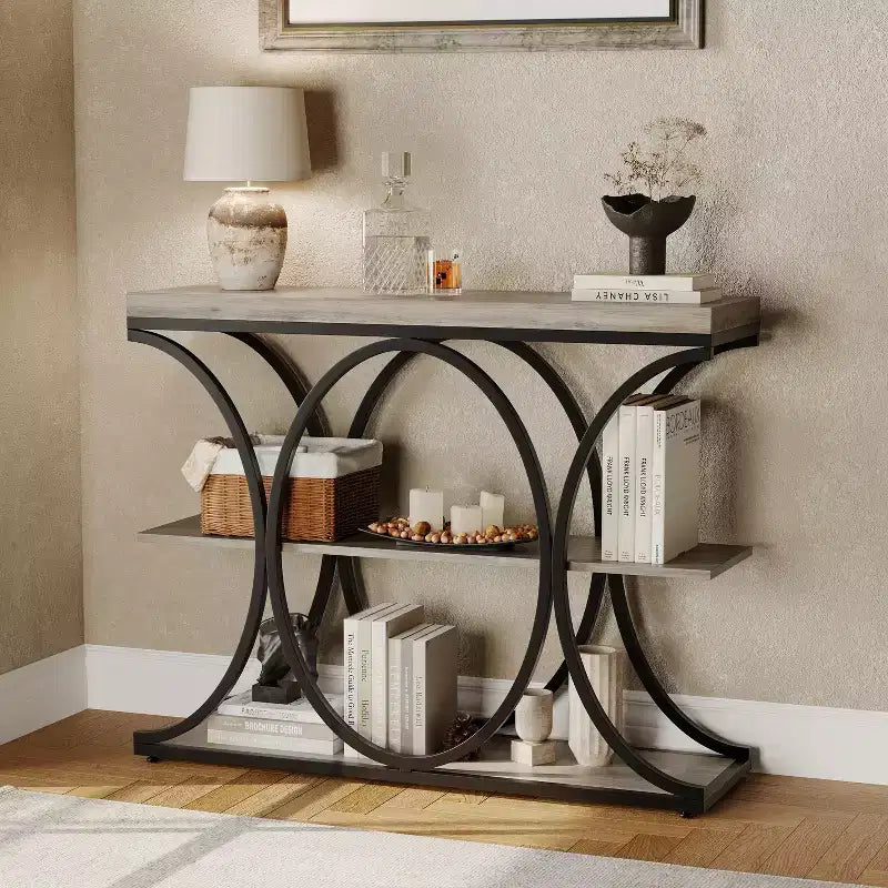 Console étroite de ferme à 3 niveaux Meuble d'entrée rectangulaire avec étagères de rangement, pieds géométriques en métal Table de canapé d'appoint polyvalente