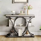 Console étroite de ferme à 3 niveaux Meuble d'entrée rectangulaire avec étagères de rangement, pieds géométriques en métal Table de canapé d'appoint polyvalente