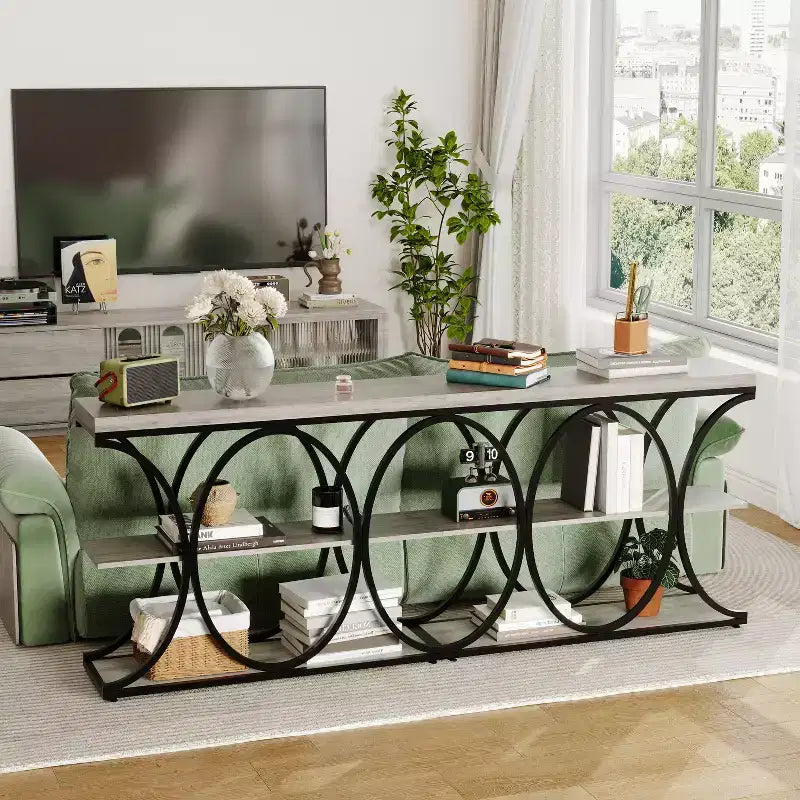 Console étroite de ferme à 3 niveaux Meuble d'entrée rectangulaire avec étagères de rangement, pieds géométriques en métal Table de canapé d'appoint polyvalente