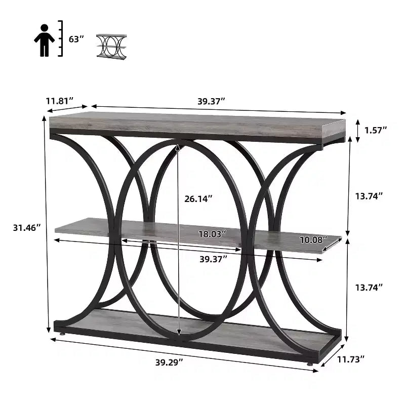 Console étroite de ferme à 3 niveaux Meuble d'entrée rectangulaire avec étagères de rangement, pieds géométriques en métal Table de canapé d'appoint polyvalente