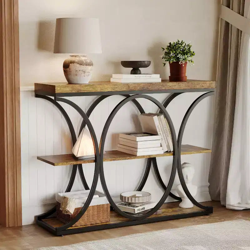 Console étroite de ferme à 3 niveaux Meuble d'entrée rectangulaire avec étagères de rangement, pieds géométriques en métal Table de canapé d'appoint polyvalente