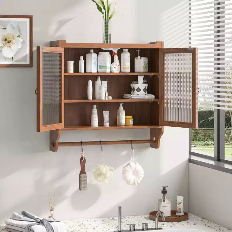 MAYEERTY 24.8 Armoire de cuisine et de salle à manger vintage à double porte vitrée avec trois étagères et porte-serviettes pour cuisine et salle à manger, marron
