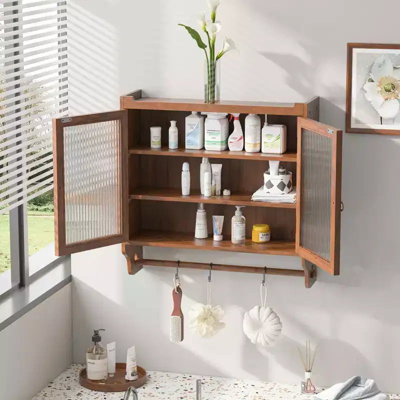 MAYEERTY 24.8 Armoire de cuisine et de salle à manger vintage à double porte vitrée avec trois étagères et porte-serviettes pour cuisine et salle à manger, marron