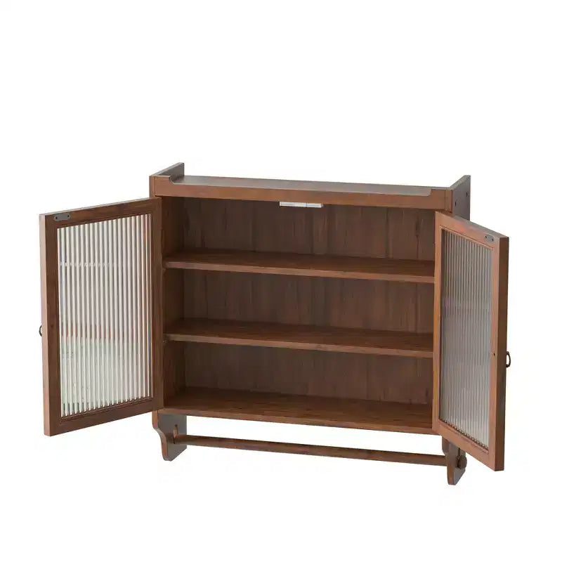 MAYEERTY 24.8 Armoire de cuisine et de salle à manger vintage à double porte vitrée avec trois étagères et porte-serviettes pour cuisine et salle à manger, marron