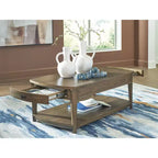 Table basse rectangulaire Signature Design by Ashley Burkbyer avec tiroirs de rangement et étagère, marron