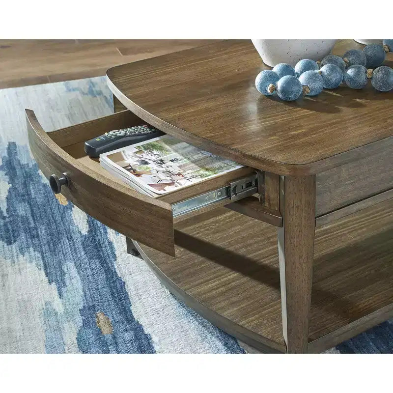 Table basse rectangulaire Signature Design by Ashley Burkbyer avec tiroirs de rangement et étagère, marron