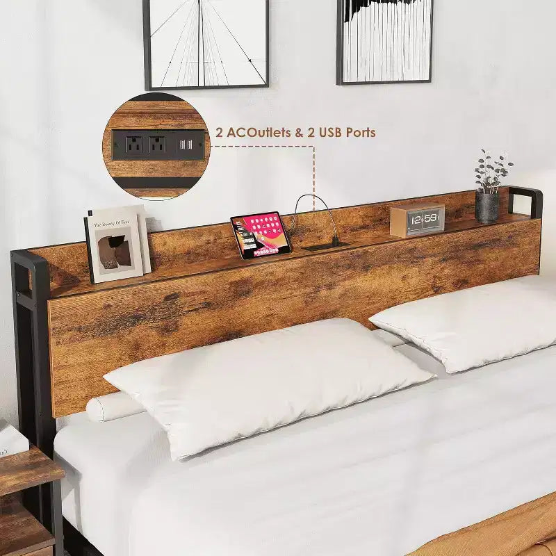Cadre de lit King Size avec station de recharge et ports USB, plateforme de lit King industrielle avec tête de lit, cadre de lit de rangement à 2 niveaux, marron