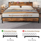 Cadre de lit King Size avec station de recharge et ports USB, plateforme de lit King industrielle avec tête de lit, cadre de lit de rangement à 2 niveaux, marron