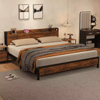 Cadre de lit King Size avec station de recharge et ports USB, plateforme de lit King industrielle avec tête de lit, cadre de lit de rangement à 2 niveaux, marron