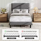 Cadre de lit GustoWave pour lit double/grand lit/très grand lit avec tête de lit rembourrée - Lit plateforme gris avec lattes en bois