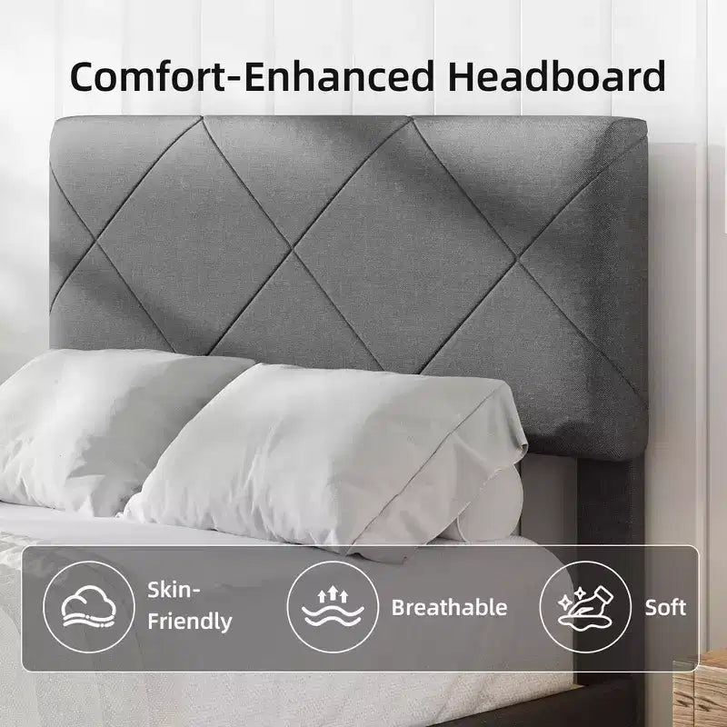 Cadre de lit GustoWave pour lit double/grand lit/très grand lit avec tête de lit rembourrée - Lit plateforme gris avec lattes en bois