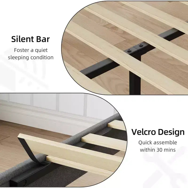 Cadre de lit GustoWave pour lit double/grand lit/très grand lit avec tête de lit rembourrée - Lit plateforme gris avec lattes en bois