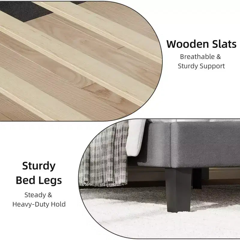 Cadre de lit GustoWave pour lit double/grand lit/très grand lit avec tête de lit rembourrée - Lit plateforme gris avec lattes en bois