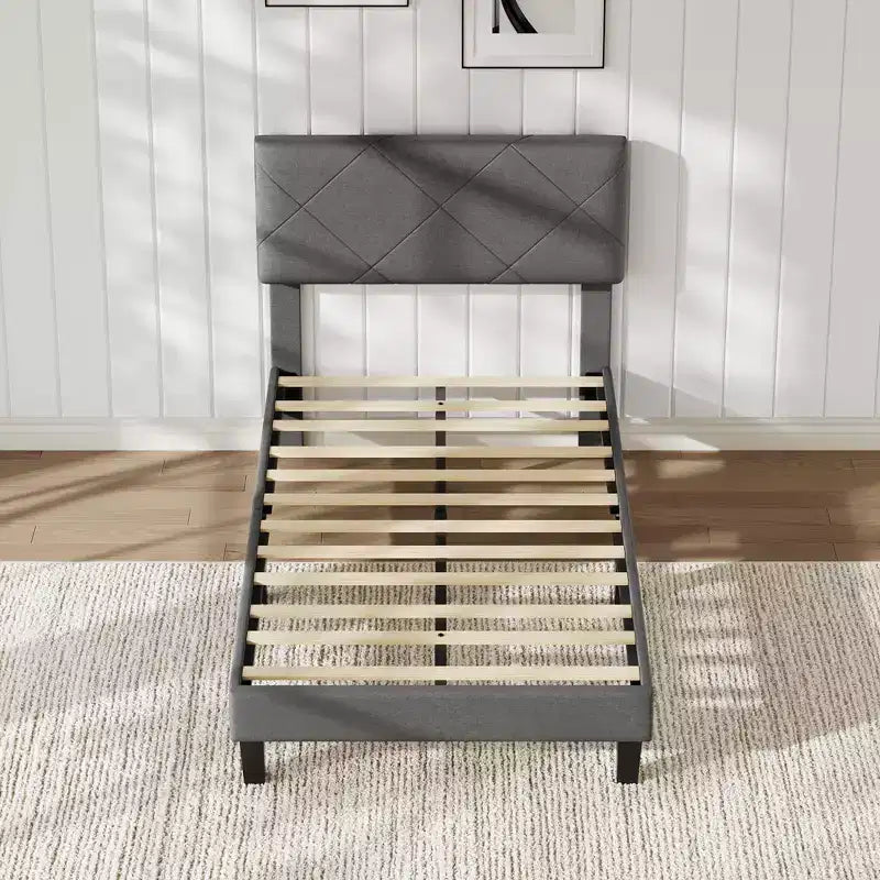 Cadre de lit GustoWave pour lit double/grand lit/très grand lit avec tête de lit rembourrée - Lit plateforme gris avec lattes en bois