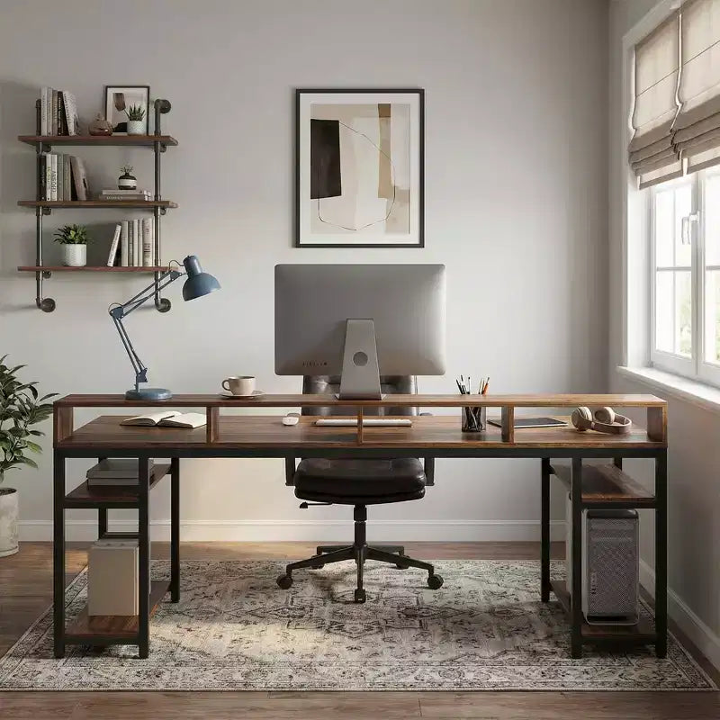 MAYEERTY 78.7 Bureau d'ordinateur pour deux personnes, table de bureau avec support d'écran et 4 étagères ouvertes