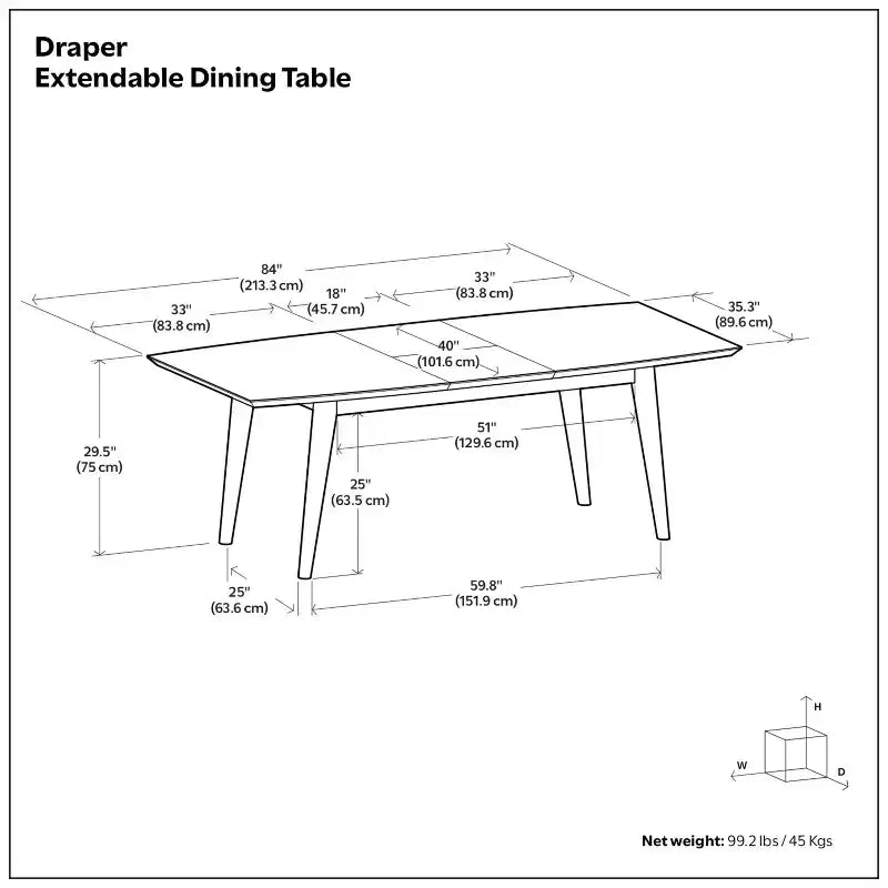 Table à manger extensible rectangulaire Tierney 66-84 pouces x 40 pouces style moderne du milieu du siècle