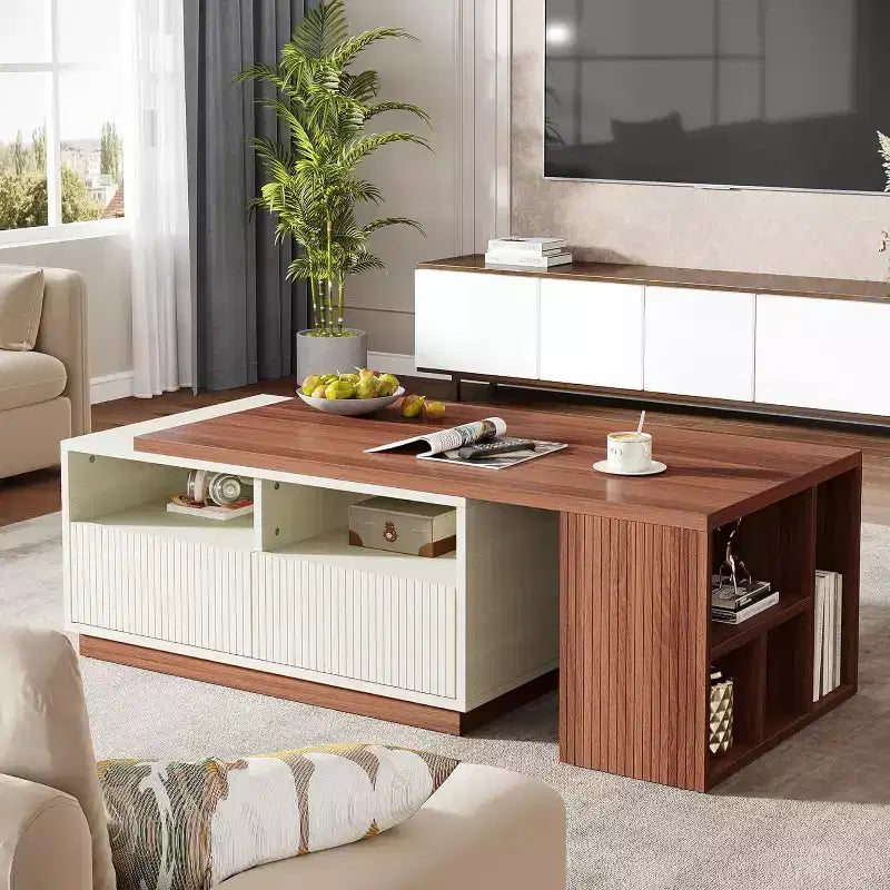 Table basse extensible Lantine avec 2 tiroirs de rangement, table de salon réversible avec étagères et plateau réglable (longueur réglable de 109 à 190 cm)