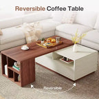 Table basse extensible Lantine avec 2 tiroirs de rangement, table de salon réversible avec étagères et plateau réglable (longueur réglable de 109 à 190 cm)