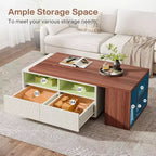 Table basse extensible Lantine avec 2 tiroirs de rangement, table de salon réversible avec étagères et plateau réglable (longueur réglable de 109 à 190 cm)
