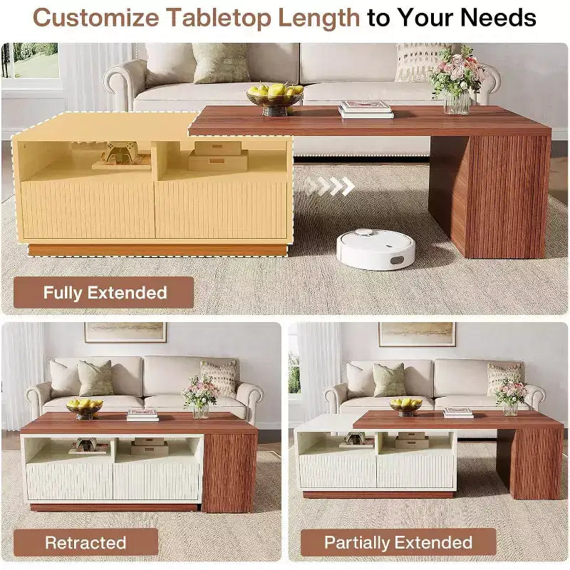Table basse extensible Lantine avec 2 tiroirs de rangement, table de salon réversible avec étagères et plateau réglable (longueur réglable de 109 à 190 cm)