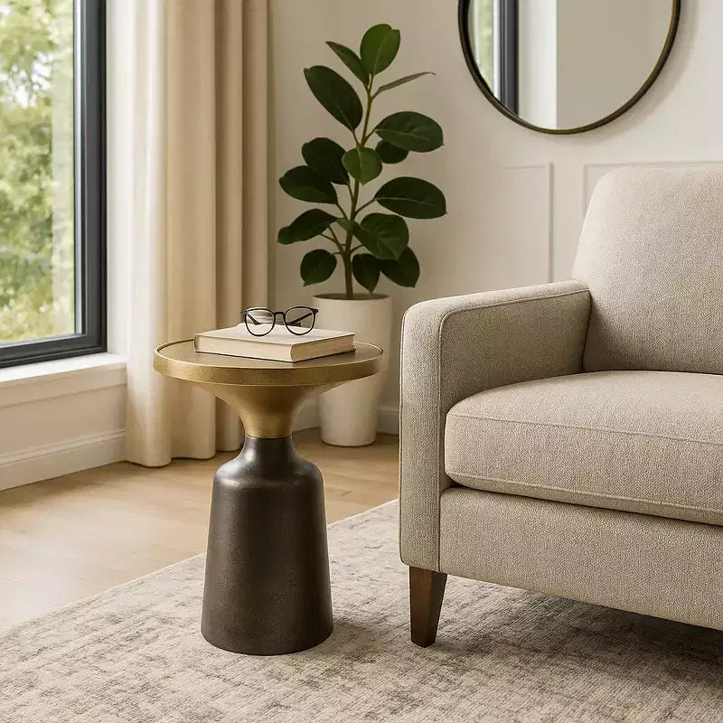 Table d'appoint, table de chevet ou petite table de nuit remarquable pour la décoration intérieure - Table d'appoint bicolore en métal avec plateau en marbre pour petits espaces
