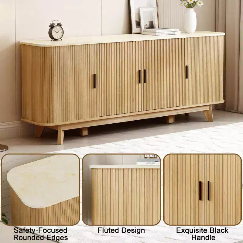 Dyonery 69 Buffet bahut cannelé moderne - Rangement à 4 portes avec étagères réglables, crédence élégante pour salle à manger