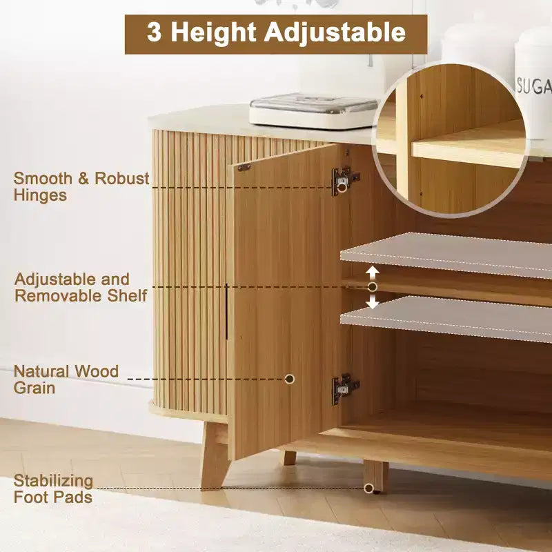 Dyonery 69 Buffet bahut cannelé moderne - Rangement à 4 portes avec étagères réglables, crédence élégante pour salle à manger