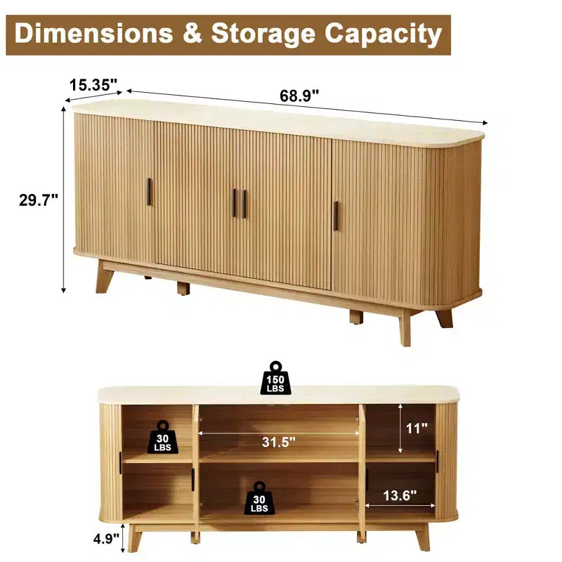 Dyonery 69 Buffet bahut cannelé moderne - Rangement à 4 portes avec étagères réglables, crédence élégante pour salle à manger