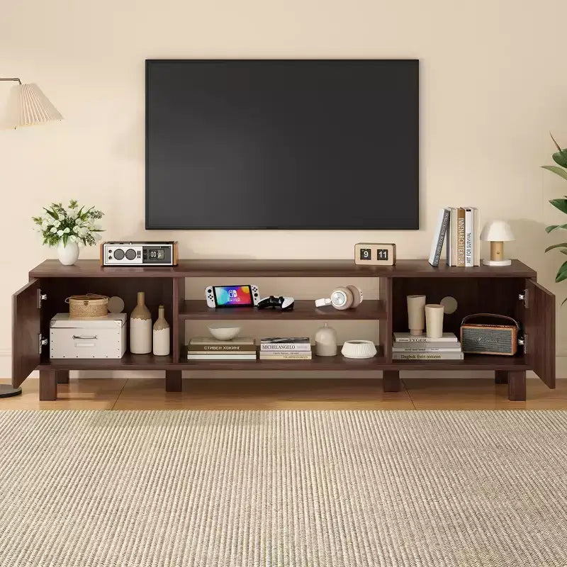 Meuble TV moderne JVNOXK63 de 63 pouces, pouvant accueillir des téléviseurs jusqu'à 70 pouces, doté d'étagères ouvertes avec espace de rangement, idéal pour les salons