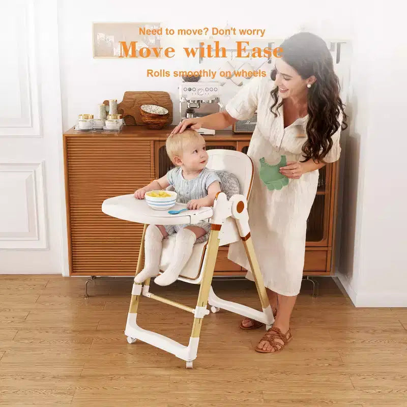 Chaise Haute Bébé/Transat Convertible JVNOXK, Pliable avec Harnais à 5 Points, Dotée de Roues Verrouillables Silencieuses et d'un Double Plateau Amovible, Blanc