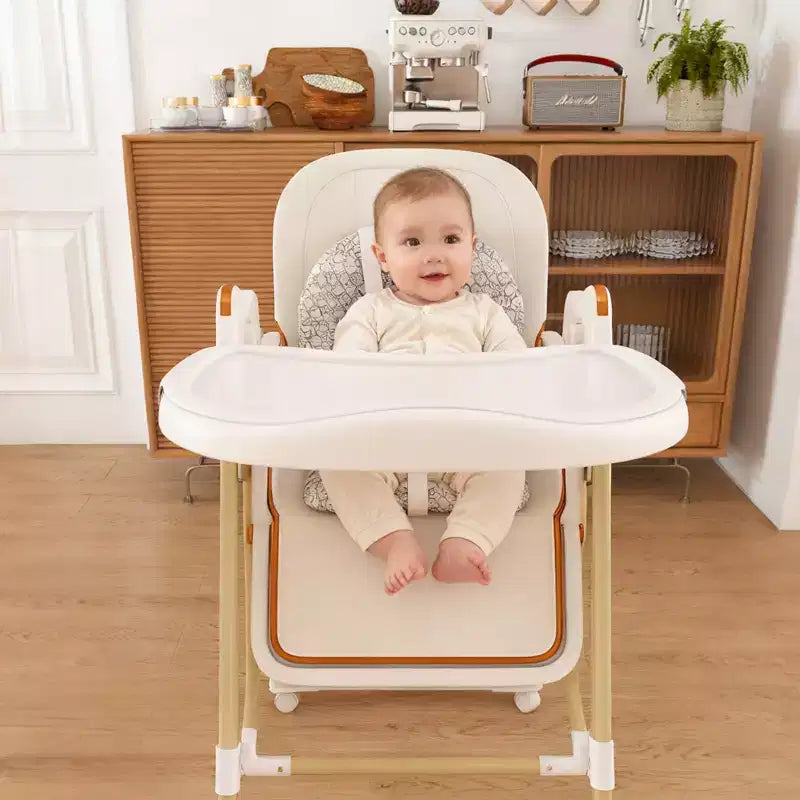 Chaise Haute Bébé/Transat Convertible JVNOXK, Pliable avec Harnais à 5 Points, Dotée de Roues Verrouillables Silencieuses et d'un Double Plateau Amovible, Blanc