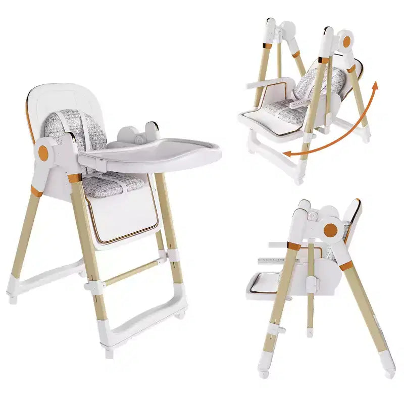 Chaise Haute Bébé/Transat Convertible JVNOXK, Pliable avec Harnais à 5 Points, Dotée de Roues Verrouillables Silencieuses et d'un Double Plateau Amovible, Blanc