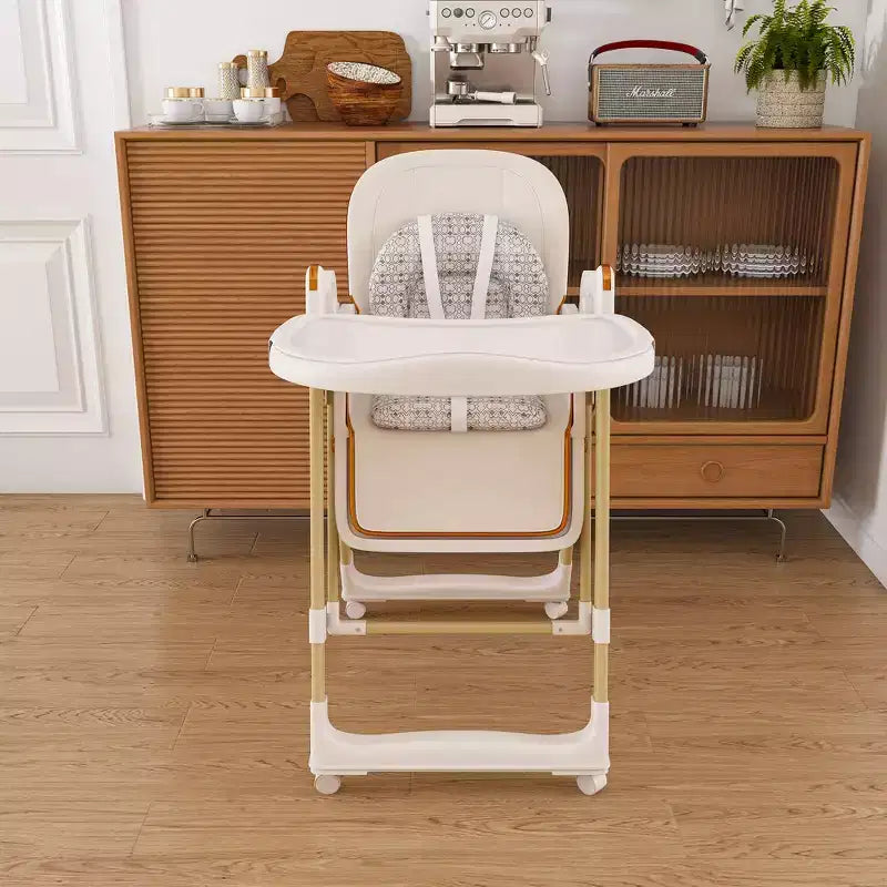 Chaise Haute Bébé/Transat Convertible JVNOXK, Pliable avec Harnais à 5 Points, Dotée de Roues Verrouillables Silencieuses et d'un Double Plateau Amovible, Blanc